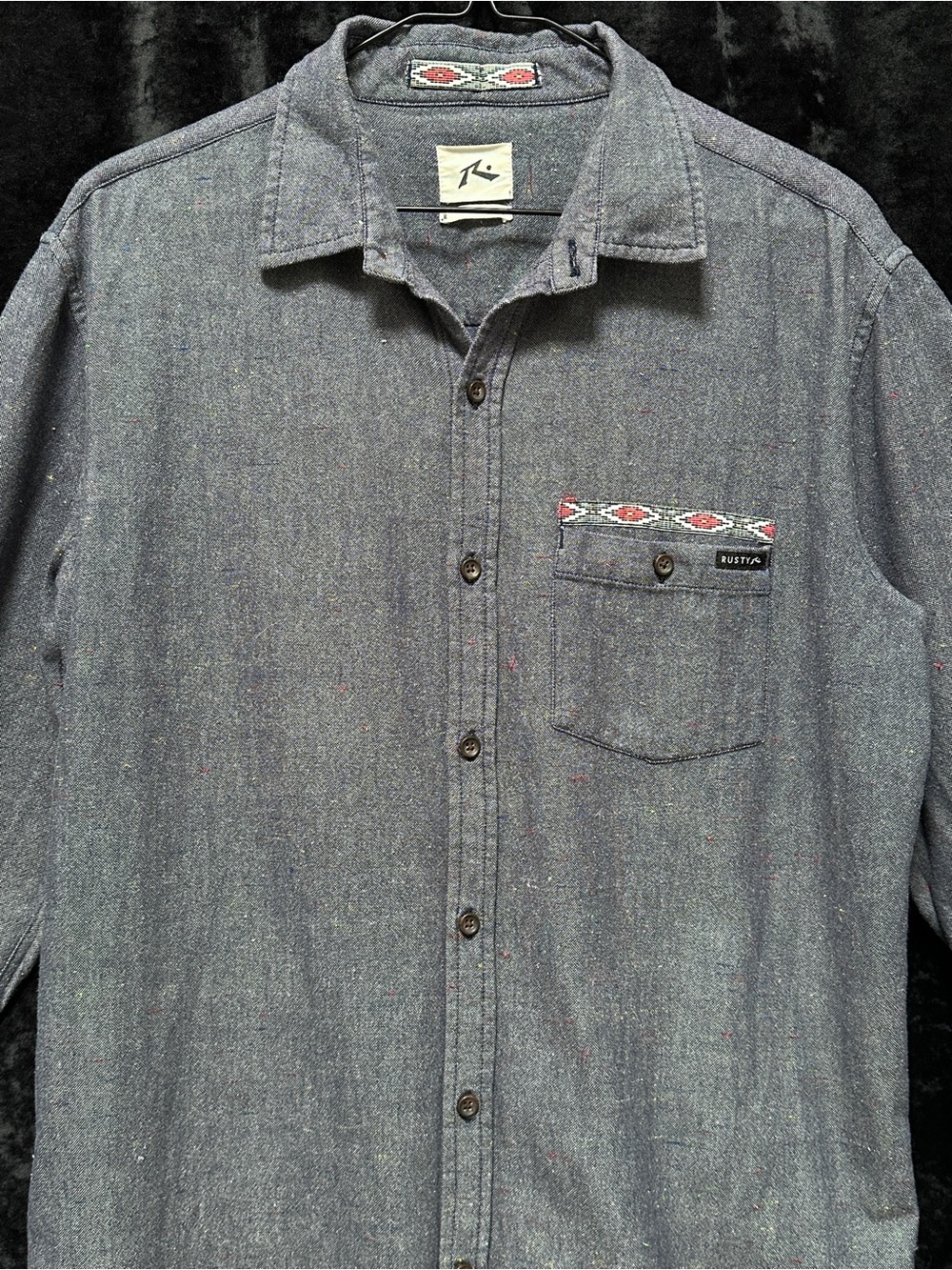 Rusty Gray Button-Down Shirt with Patterned Chest Trim